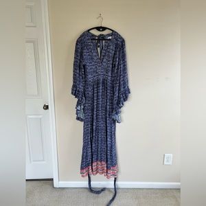 Olivaceous Maxi Dress Kimono Ruffle Sleeve Blue Waist Tie Cottage Core